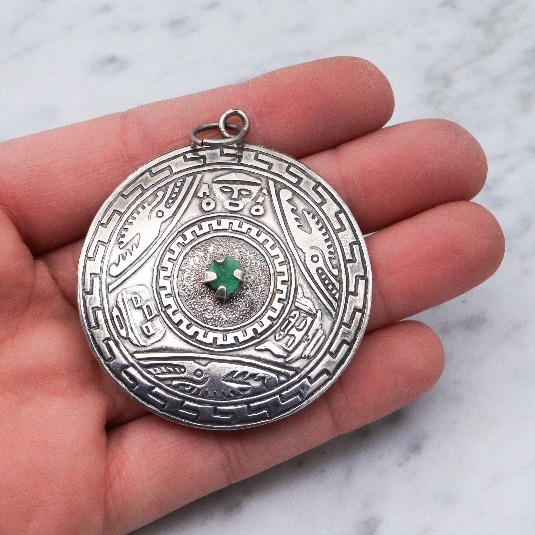 Vintage Peruvian sterling silver raw emerald pendant medallion